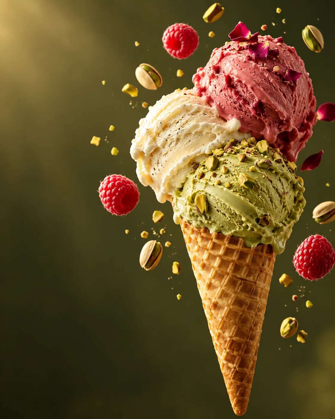Drei Kugeln Gelato in Pistazie, Vanille und Himbeere auf einer knusprigen Waffel